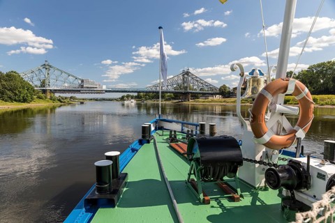 On the Elbe in Dresden, here at the Blue Wonder, Dresden, Saxony, Germany, with the historic paddle