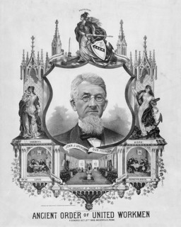 A lithograph of the Ancient Order of United Workmen (AOUW) featuring a portrait of its founder,