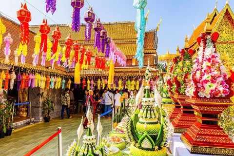 Colourful lanterns lined up in the Wat Phra That Doi Suthep temple complex, Chiang Mai, Thailand