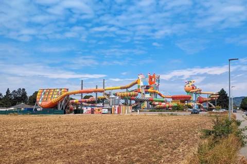 Weinheim, Germany - July 30th 2026: Exterior view of Miramar Weinheim water park with large