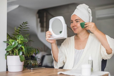 A young Caucasian woman with brown hair in a towel uses a green gua sha tool while looking in a