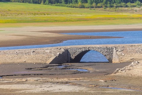 A historic arched bridge appears through low water in the Lehnmühle dam, Dippoldiswalde, Saxony,