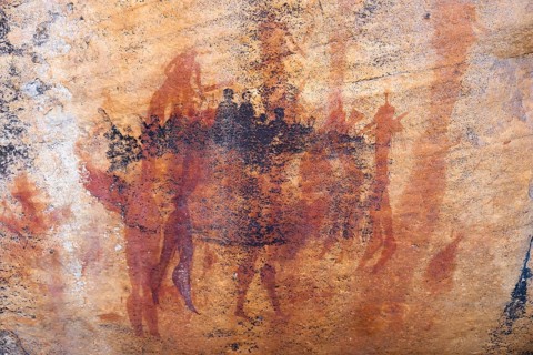 Prehistoric animal depictions, ancient rock carving of the San, indigenous people of South Africa,