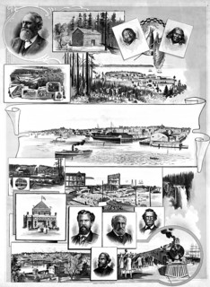 A collage of Seattle from the late 19th century (c. 1898), depicting the city's early development,