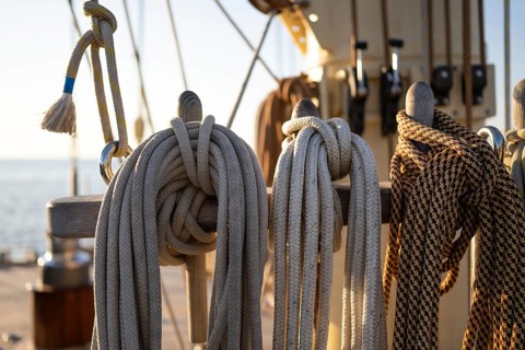 Holpins or nail nails stuck through a board, including coffee nails, linen and ropes, sailing ship,