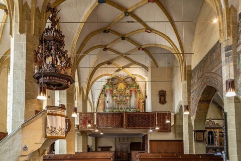 Interior and organ of St. Margaret's Church in Medias or Medias, Transylvania, Romania