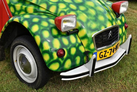 A Citroën 2CV with eye-catching green spot paint parks on grass, vintage Citroën 2CV6 at a duck