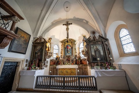 Altar of the castle chapel, castle chapel, Hohenwerfen Fortress, Werfen, Pongau, Salzburg state,