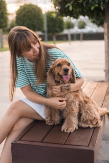 A woman embraces her dog lovingly on a bench, creating a warm atmosphere