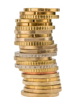 A stack of euro money coins, 50 cent coins, euro cents, 1 euro coins, studio photo, Federal