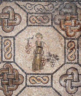 Detailed floor mosaic with geometric patterns and depictions of a person with vines, Basilica di