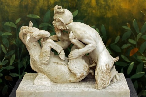 Satyr having sex with a goat, erotic sculpture from Pompeii, secret cabinet in the Naples National