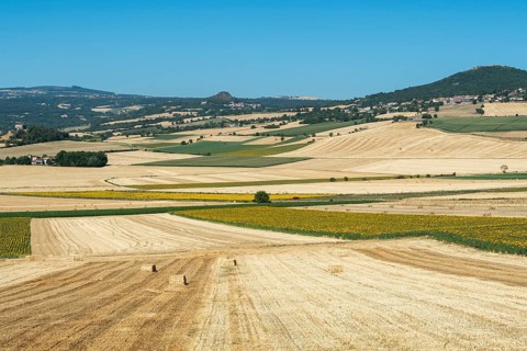 Harvested fields in Lembronnais plain, Puy de Dome, Auvergne-Rhone-Alpes, France