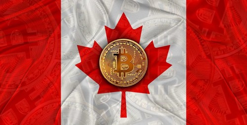 Investors in Blockchain Technology with Canadian flag in the background. Bitcoin cryptocurrency