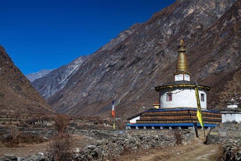 Buddhist stupa, also choerten, Tsum Valley, Himalayas, Nepal