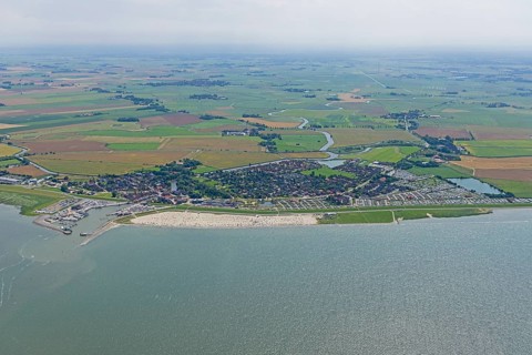 Aerial view, port and city, Neuharlingersiel, North Sea, East Frisia, Lower Saxony, Germany