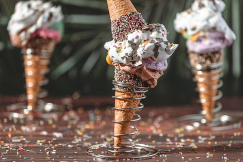 Ice cream cones decorated with ice cream, lots of cream and colorful sprinkles