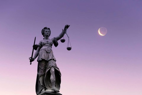 Justice in Frankfurt am Main in front of crescent moon, Justitia Goddess of Justice, Composing,