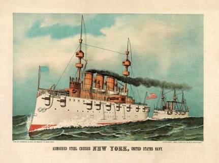 Lithographic print of the armored cruiser USS New York, ACR-2, the US Navy, published in 1893.