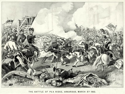 A lithograph by Currier & Ives entitled *The Battle of Pea Ridge, Arkansas, 8 March 1862* from the