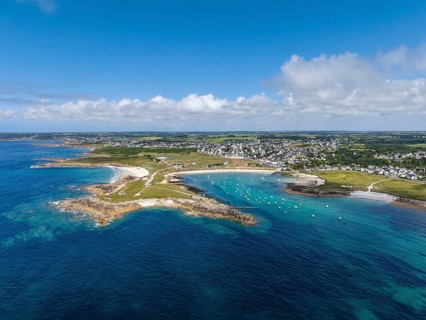 Aerial view of the sandy beaches Plage de Porspaul, center, Plage Porsguen left and Plage de