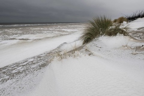 Snow-covered dunes on the North Sea, Langeoog, Lower Saxony, Germany