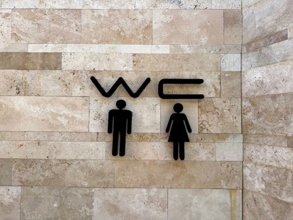 Restroom sign with male and female symbols on a textured stone wall. Clear indication of facilities
