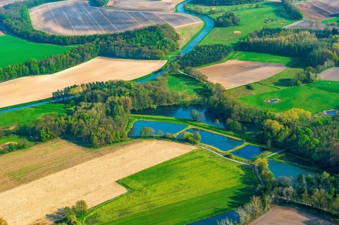 Aerial view of the Hunte near the Laher ponds in the district of Vechta, Oldenburger Münsterland,