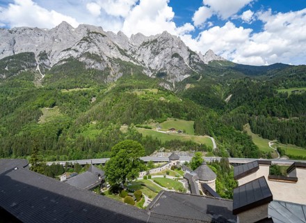 View of the mountain peaks of the Tennengebirge from the castle windows, Hohenwerfen Fortress,