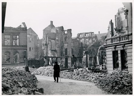 Essen, Beuststr., after bombing, ruins, cleaned up, World War II, debris, A person walks through a