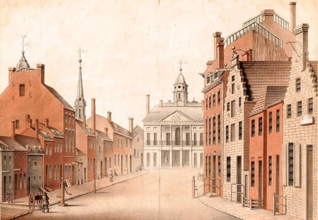 Federal Hall in New York City as it looked in 1797. The building originally served as a city hall