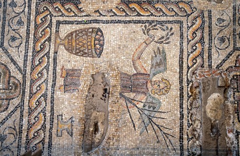 Detailed floor mosaic depicting an angel, Basilica di Santa Maria Assunta, Basilica of Aquileia,