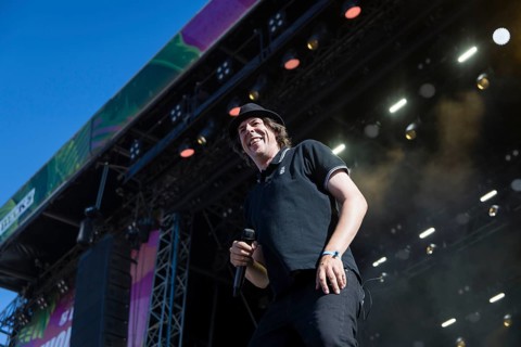 Costa Cannabis (Tim Kleinrensing), lead singer of the band Sondaschule, at the Highfield Festival