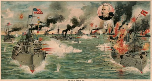 Lithograph depicting the Battle of Manila Bay on 1 May 1898 during the Spanish–American War, in