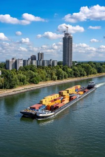 Low water in the Rhine near Cologne, looking north, Mülheimer Rheinbrücke, container freighter