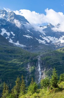 Schmadribachfall waterfall and picturesque mountain landscape with Breithorn mountain peak, Bernese