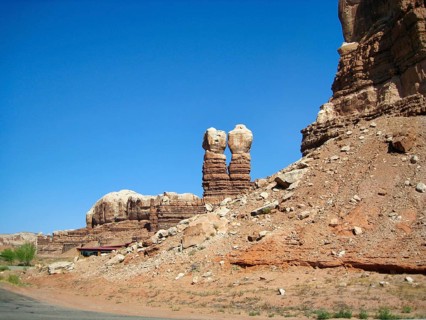 Two distinctive pillars, sandstone rock formations, erosion, twin rocks, Navajo Twin Rocks in