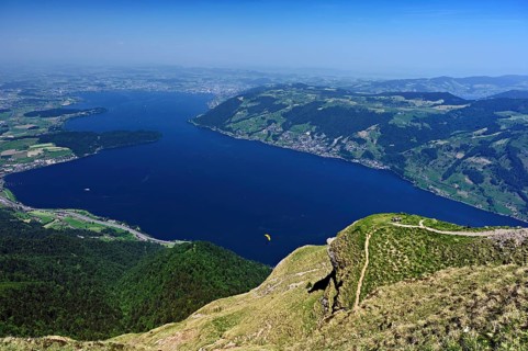 View from Rigi Kulm of Lake Zug with the narrowest point of the Kiemen, Canton of Lucerne,