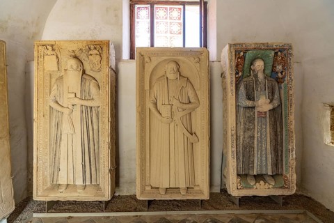 Tombstones of bishops in the fortified church of Biertan, UNESCO World Heritage Site in Biertan or
