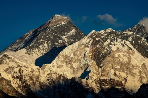 View from Renjo La Pass, 5360 m, of Mount Everest and Lhotse in the evening light, Solu Khumbu,