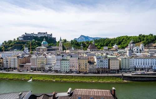 City view with churches, Hohensalzburg Fortress and Salzach river, view of the city of Salzburg