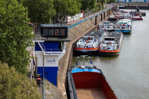 Duisburg, North Rhine-Westphalia, Germany - Low tide on the Rhine. Today, on 16.08.2026, it is only