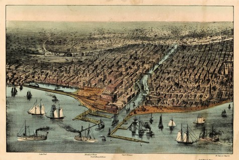 View of Chicago from above with a view over Lake Michigan/ Lake Park, depicting the appearance of