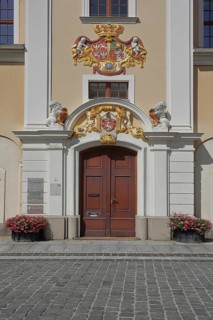 Baroque portal at the town hall with golden decorations and, city coat of arms, Altmarkt, Löbau,