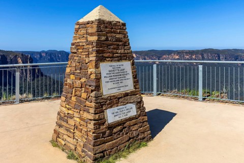 Memorial monument at Govett's Leap Lookout overlooking the Blue Mountains, New South Wales,