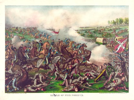 Colour lithograph of the Battle of Five Forks, Va., dated 1886, depicting the decisive victory of