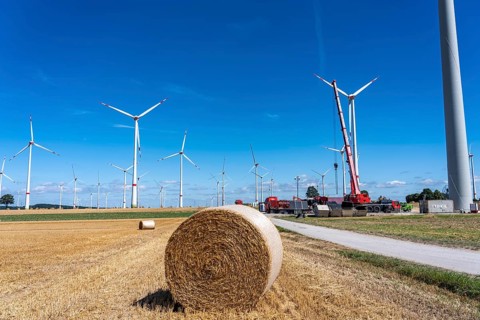 Wind farm near Marsberg-Meerhof, dry landscape, harvested grain fields, straw bales, North