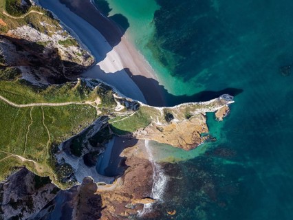 Aerial view, top down view of the Falaise d'Amont rock formation with the Porte d'Amont rock gate