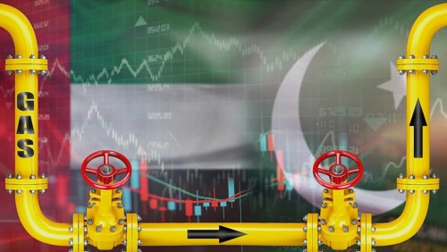 Gas exports from the United Arab Emirates to Pakistan on financial chart background. Emirati gas