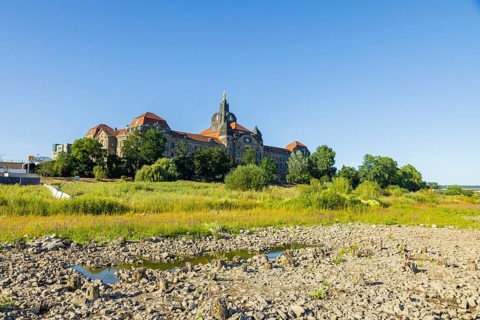 Low tide in the Elbe in Dresden, Dresden, Saxony, Germany